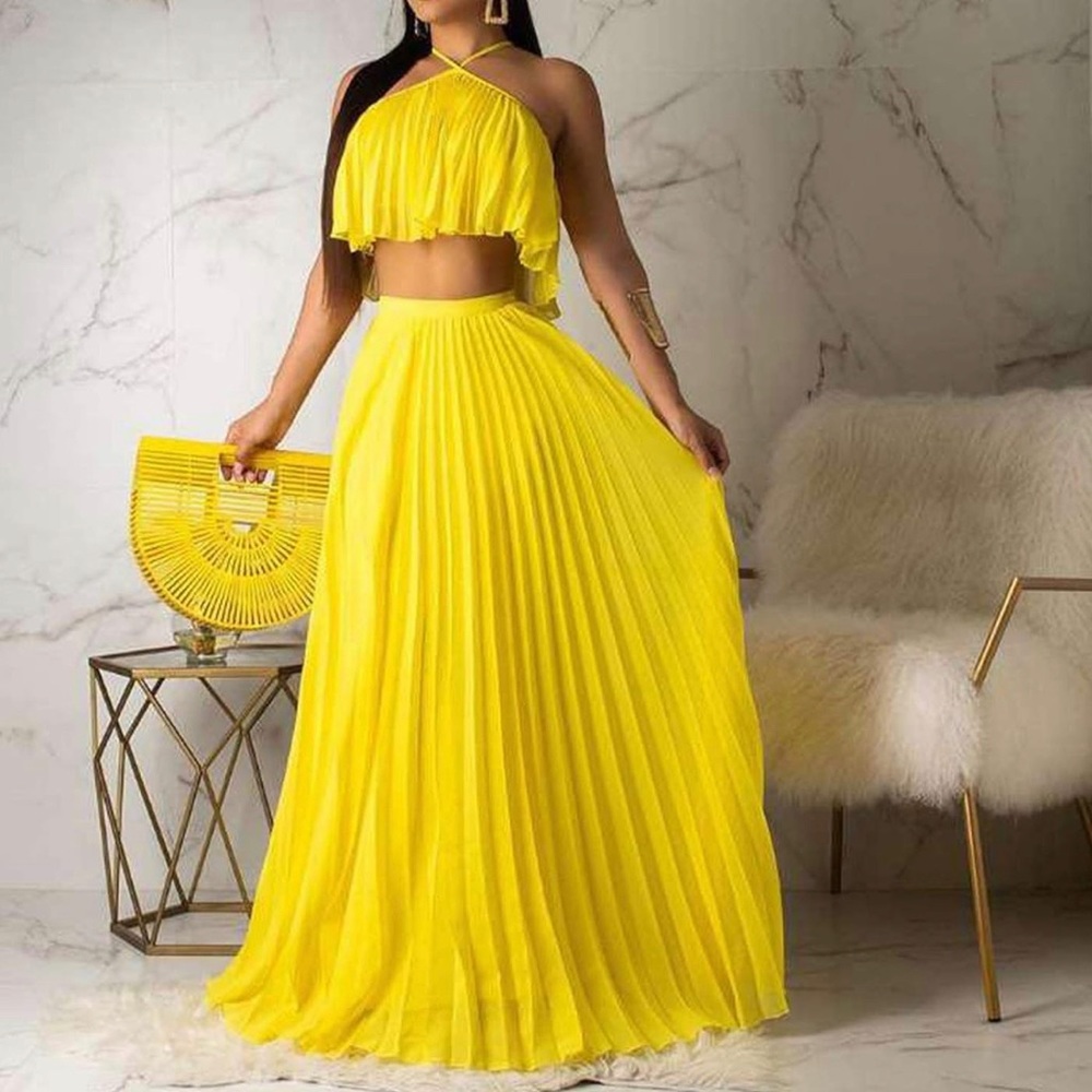 Yellow Pleated Halter Top and Maxi Skirt Set